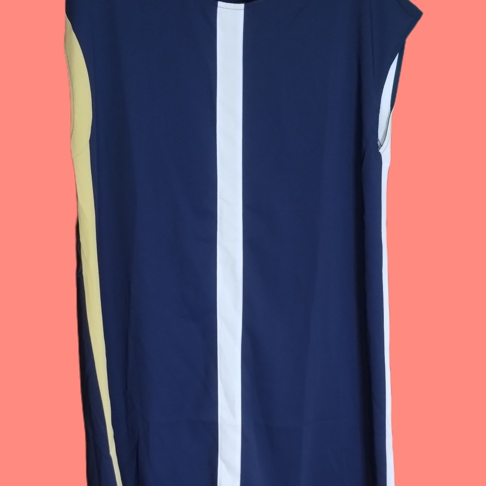 Sleeveless Navy Top with White and Yellow Accents